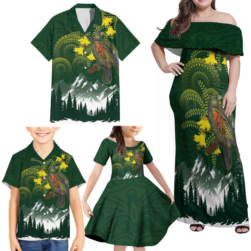 Kea Bird Kowhai New Zealand Family Matching Off Shoulder Maxi Dress and Hawaiian Shirt Mountain Landscape Maori Art