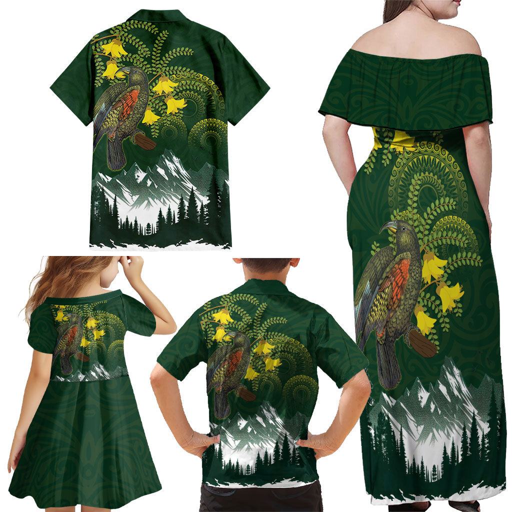 Kea Bird Kowhai New Zealand Family Matching Off Shoulder Maxi Dress and Hawaiian Shirt Mountain Landscape Maori Art