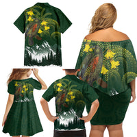 Kea Bird Kowhai New Zealand Family Matching Off Shoulder Short Dress and Hawaiian Shirt Mountain Landscape Maori Art