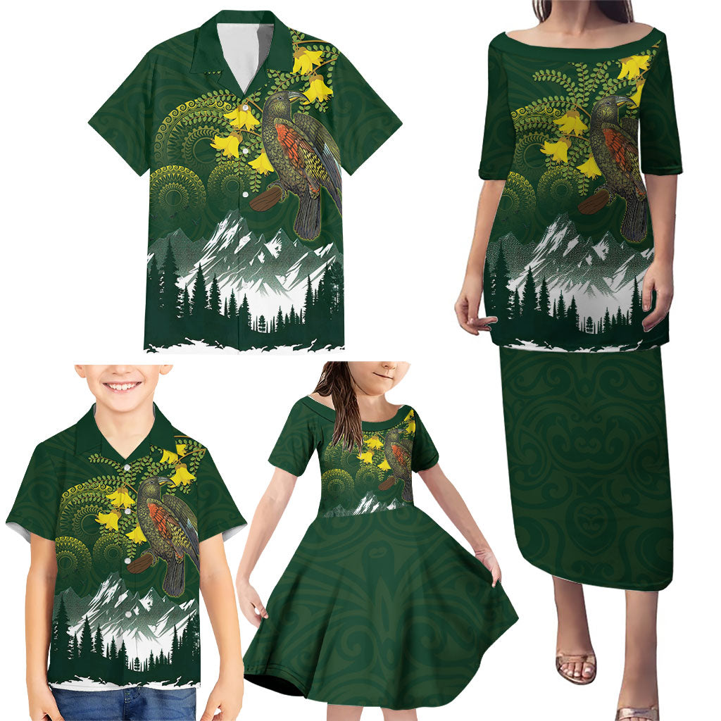 Kea Bird Kowhai New Zealand Family Matching Puletasi and Hawaiian Shirt Mountain Landscape Maori Art