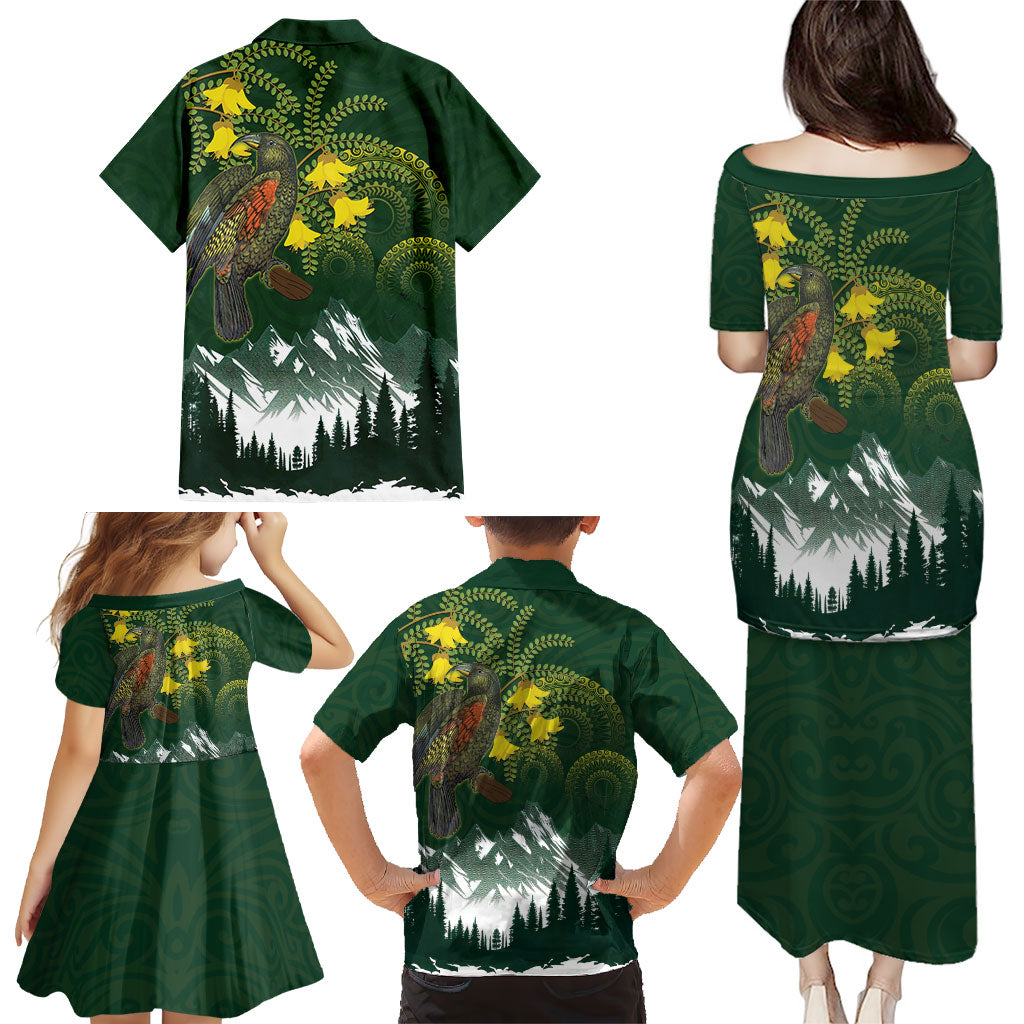 Kea Bird Kowhai New Zealand Family Matching Puletasi and Hawaiian Shirt Mountain Landscape Maori Art