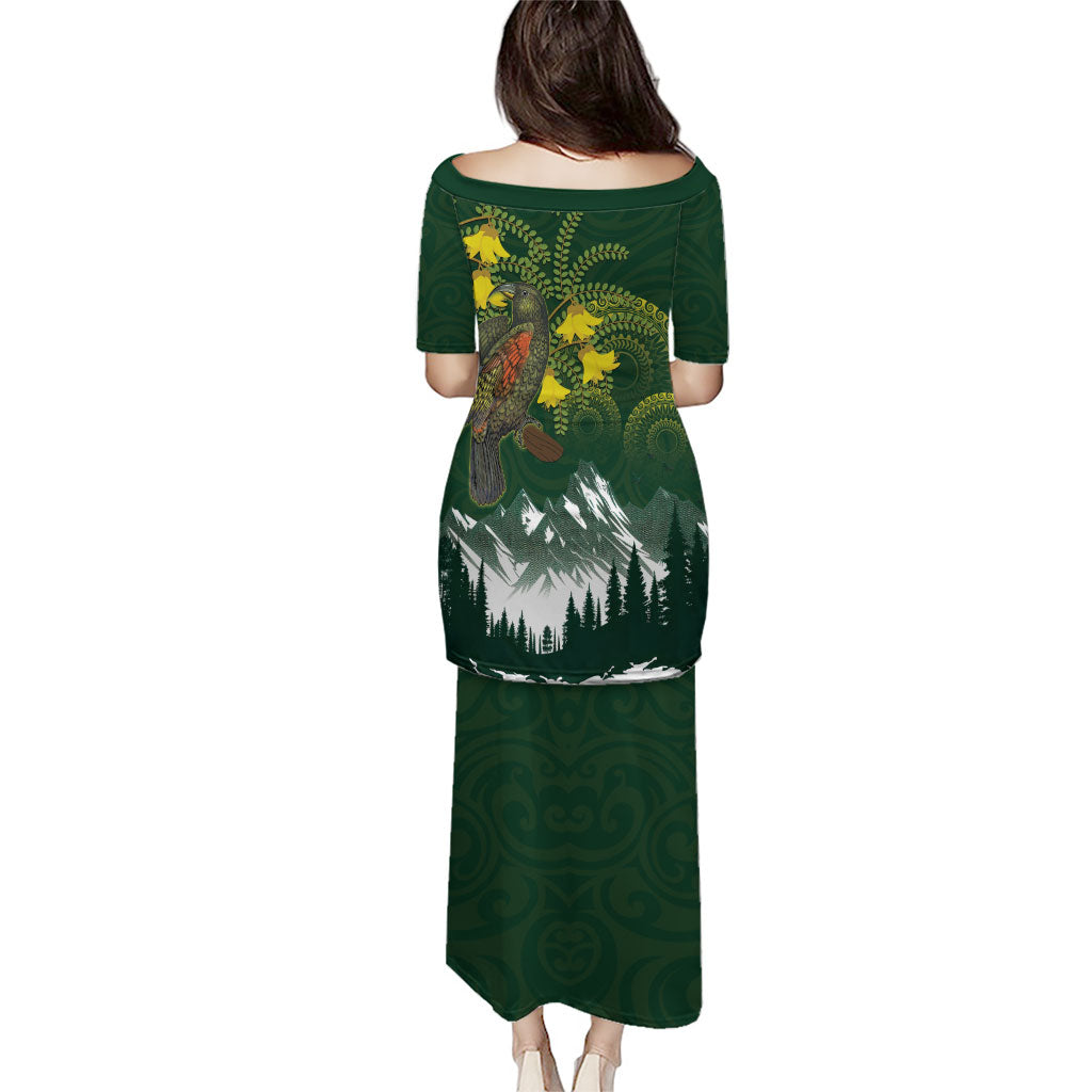 Kea Bird Kowhai New Zealand Family Matching Puletasi and Hawaiian Shirt Mountain Landscape Maori Art