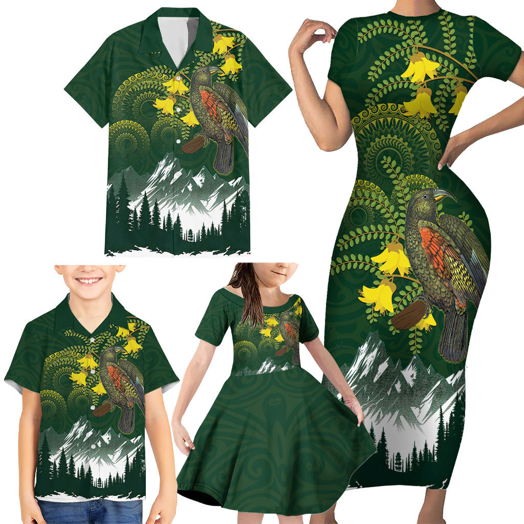 Kea Bird Kowhai New Zealand Family Matching Short Sleeve Bodycon Dress and Hawaiian Shirt Mountain Landscape Maori Art