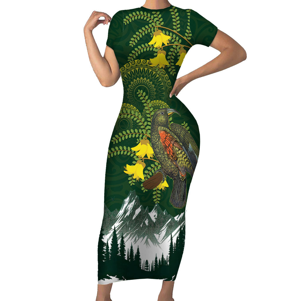Kea Bird Kowhai New Zealand Family Matching Short Sleeve Bodycon Dress and Hawaiian Shirt Mountain Landscape Maori Art
