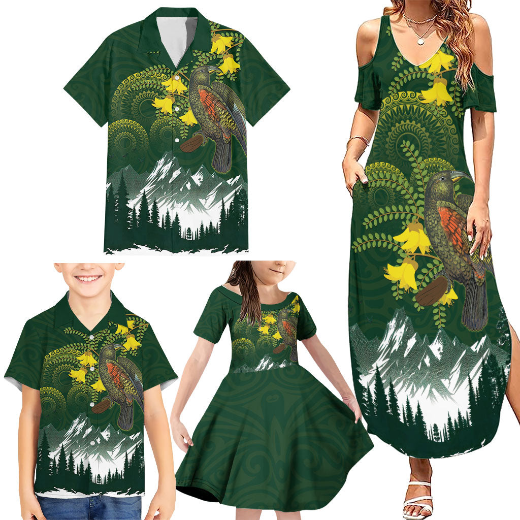 Kea Bird Kowhai New Zealand Family Matching Summer Maxi Dress and Hawaiian Shirt Mountain Landscape Maori Art