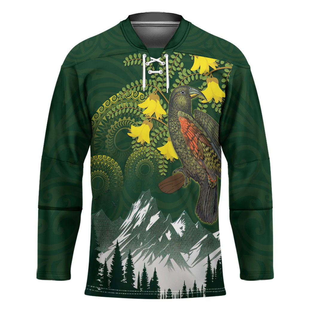 Kea Bird Kowhai New Zealand Hockey Jersey Mountain Landscape Maori Art LT22 Unisex Green - Polynesian Pride