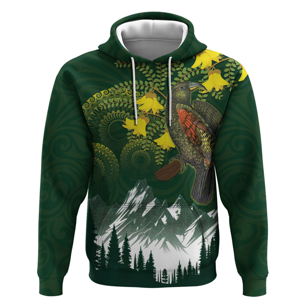 Kea Bird Kowhai New Zealand Hoodie Mountain Landscape Maori Art LT22 Pullover Hoodie Green - Polynesian Pride
