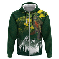 Kea Bird Kowhai New Zealand Hoodie Mountain Landscape Maori Art LT22 Zip Hoodie Green - Polynesian Pride