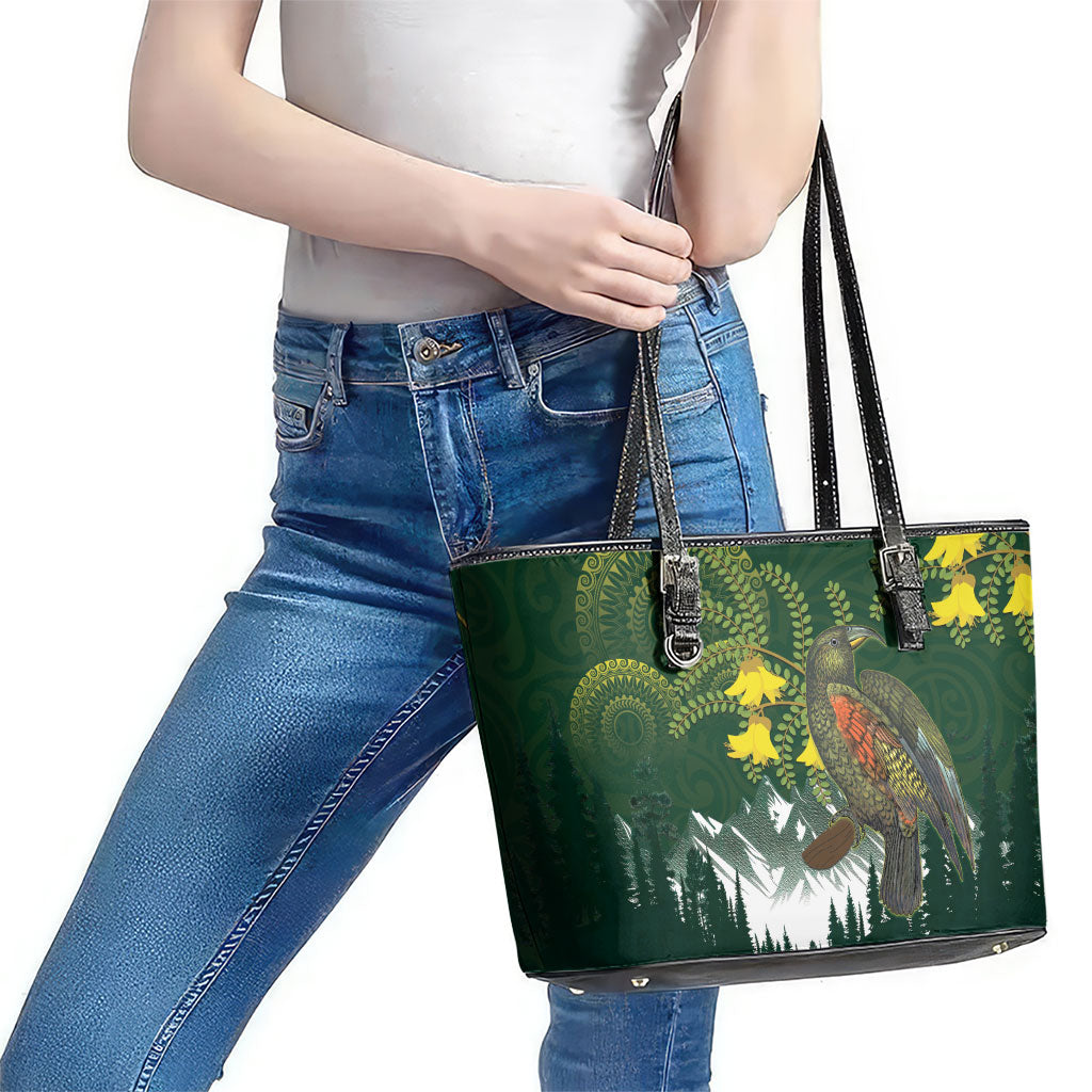 Kea Bird Kowhai New Zealand Leather Tote Bag Mountain Landscape Maori Art
