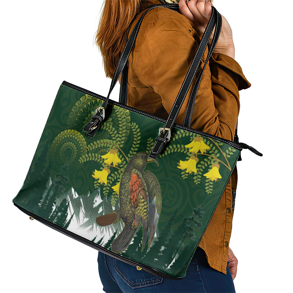Kea Bird Kowhai New Zealand Leather Tote Bag Mountain Landscape Maori Art