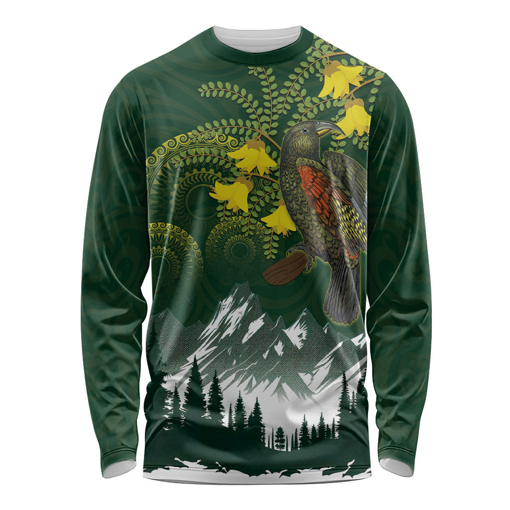 Kea Bird Kowhai New Zealand Long Sleeve Shirt Mountain Landscape Maori Art LT22 Unisex Green - Polynesian Pride