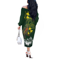 Kea Bird Kowhai New Zealand Off The Shoulder Long Sleeve Dress Mountain Landscape Maori Art