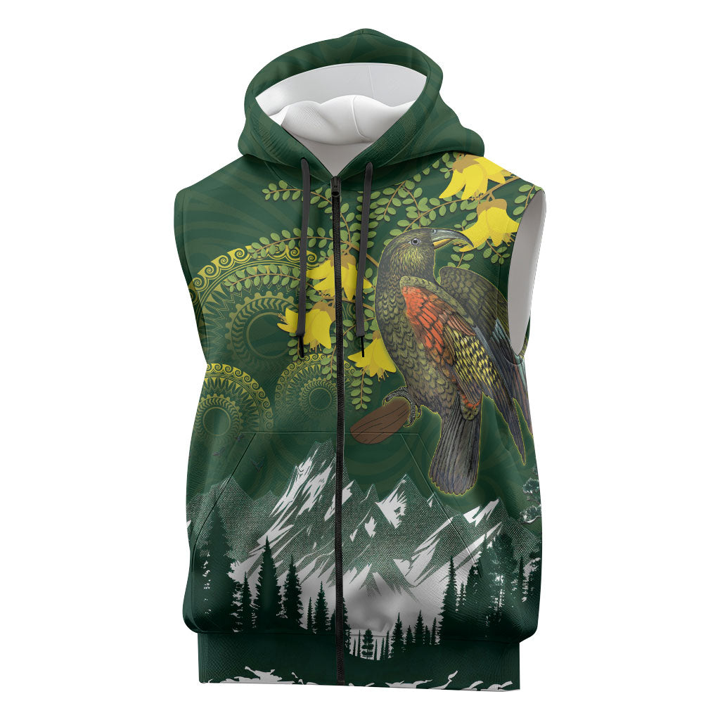 Kea Bird Kowhai New Zealand Sleeveless Zip Hoodie Mountain Landscape Maori Art LT22 Green - Polynesian Pride