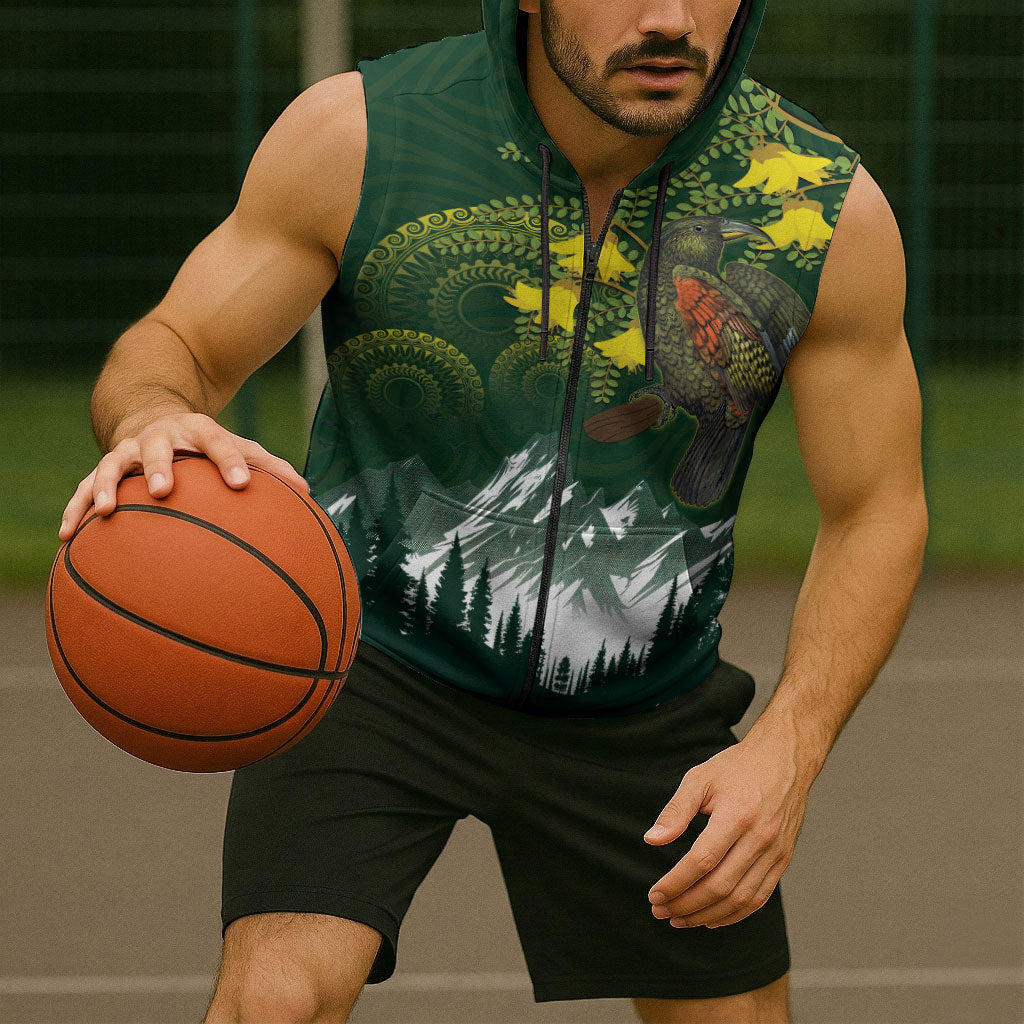 Kea Bird Kowhai New Zealand Sleeveless Zip Hoodie Mountain Landscape Maori Art LT22 - Polynesian Pride