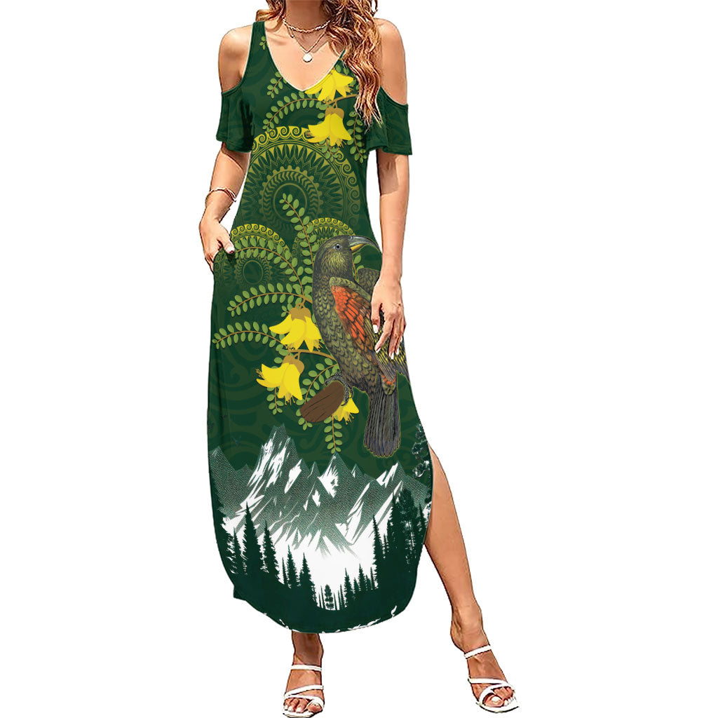 Kea Bird Kowhai New Zealand Summer Maxi Dress Mountain Landscape Maori Art LT22 Women Green - Polynesian Pride