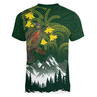 Kea Bird Kowhai New Zealand Women V-Neck T-Shirt Mountain Landscape Maori Art