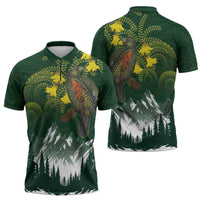 Kea Bird Kowhai New Zealand Zipper Polo Shirt Mountain Landscape Maori Art