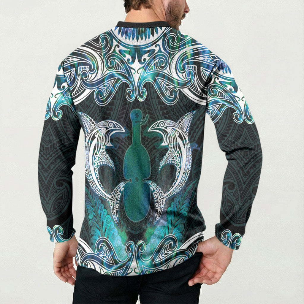 New Zealand Kotiate Weapon Button Sweatshirt Aotearoa Mango Paua Shell Maori Pattern
