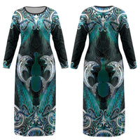 New Zealand Kotiate Weapon Couples Matching Long Sleeve Bodycon Dress and Long Sleeve Button Shirt Aotearoa Mango Paua Shell Maori Pattern LT22 - Polynesian Pride
