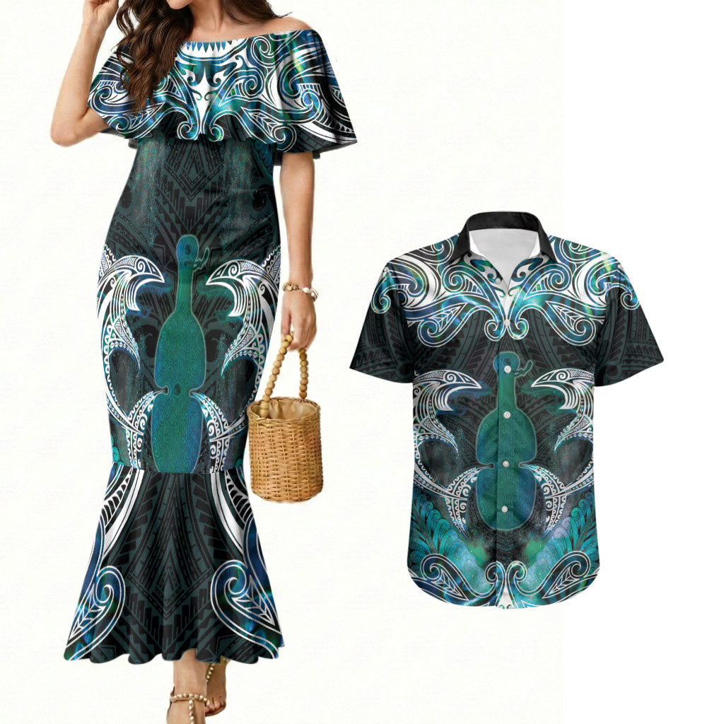 New Zealand Kotiate Weapon Couples Matching Mermaid Dress and Hawaiian Shirt Aotearoa Mango Paua Shell Maori Pattern LT22 Blue - Polynesian Pride