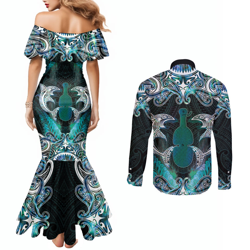 New Zealand Kotiate Weapon Couples Matching Mermaid Dress and Long Sleeve Button Shirt Aotearoa Mango Paua Shell Maori Pattern