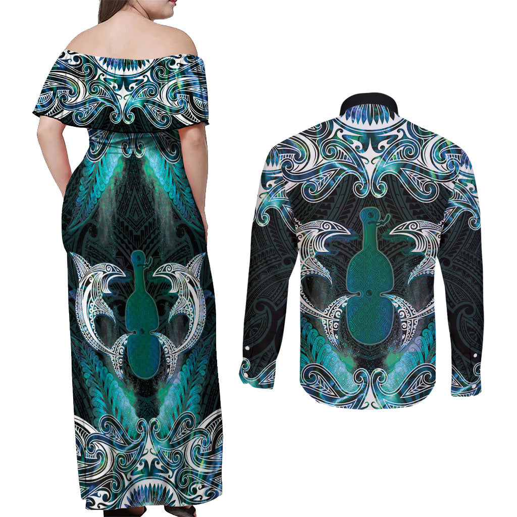 New Zealand Kotiate Weapon Couples Matching Off Shoulder Maxi Dress and Long Sleeve Button Shirt Aotearoa Mango Paua Shell Maori Pattern