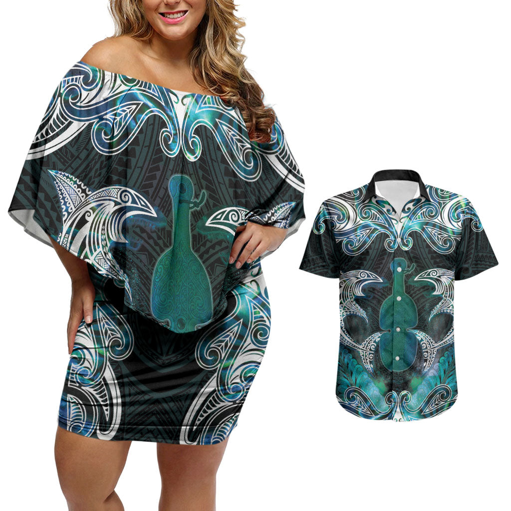 New Zealand Kotiate Weapon Couples Matching Off Shoulder Short Dress and Hawaiian Shirt Aotearoa Mango Paua Shell Maori Pattern LT22 Blue - Polynesian Pride