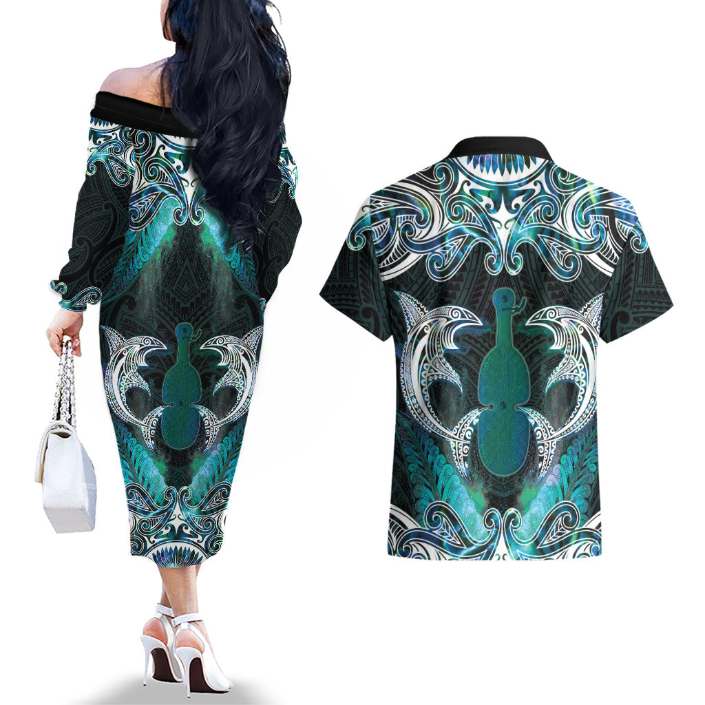 New Zealand Kotiate Weapon Couples Matching Off The Shoulder Long Sleeve Dress and Hawaiian Shirt Aotearoa Mango Paua Shell Maori Pattern