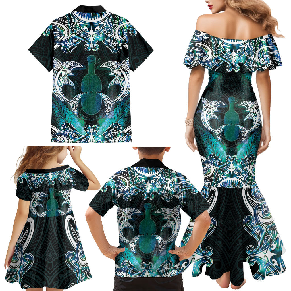 New Zealand Kotiate Weapon Family Matching Mermaid Dress and Hawaiian Shirt Aotearoa Mango Paua Shell Maori Pattern