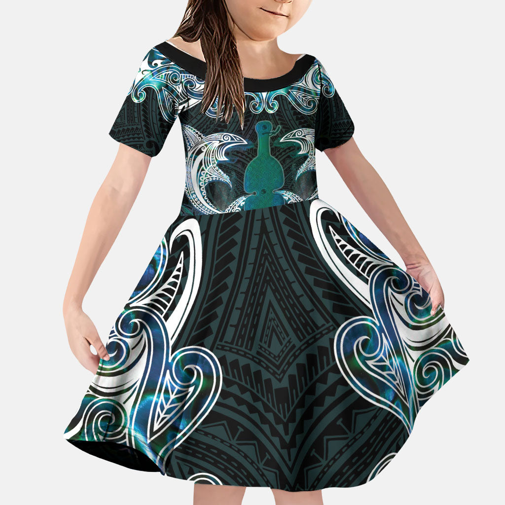 New Zealand Kotiate Weapon Family Matching Off Shoulder Maxi Dress and Hawaiian Shirt Aotearoa Mango Paua Shell Maori Pattern