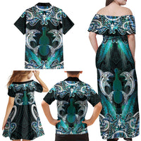 New Zealand Kotiate Weapon Family Matching Off Shoulder Maxi Dress and Hawaiian Shirt Aotearoa Mango Paua Shell Maori Pattern
