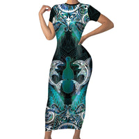 New Zealand Kotiate Weapon Family Matching Short Sleeve Bodycon Dress and Hawaiian Shirt Aotearoa Mango Paua Shell Maori Pattern