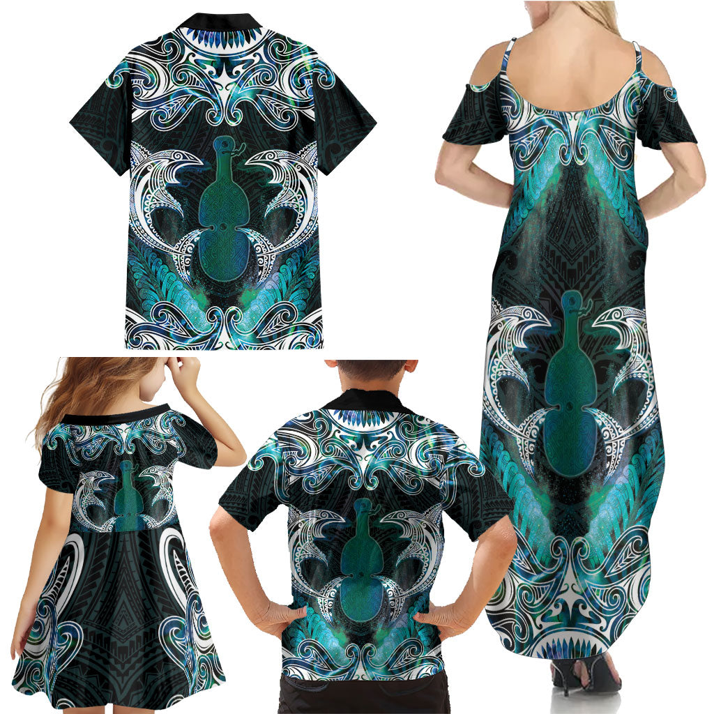 New Zealand Kotiate Weapon Family Matching Summer Maxi Dress and Hawaiian Shirt Aotearoa Mango Paua Shell Maori Pattern