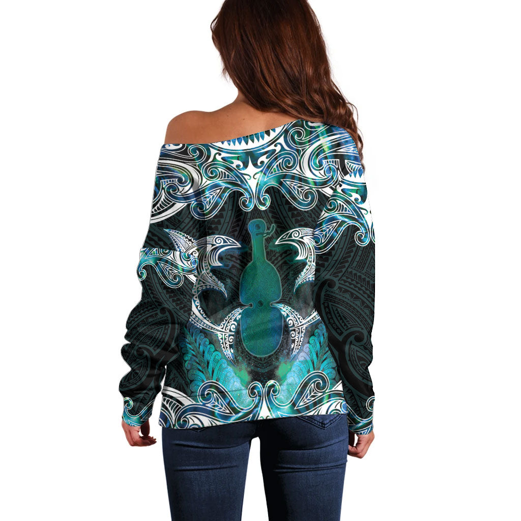 New Zealand Kotiate Weapon Off Shoulder Sweater Aotearoa Mango Paua Shell Maori Pattern