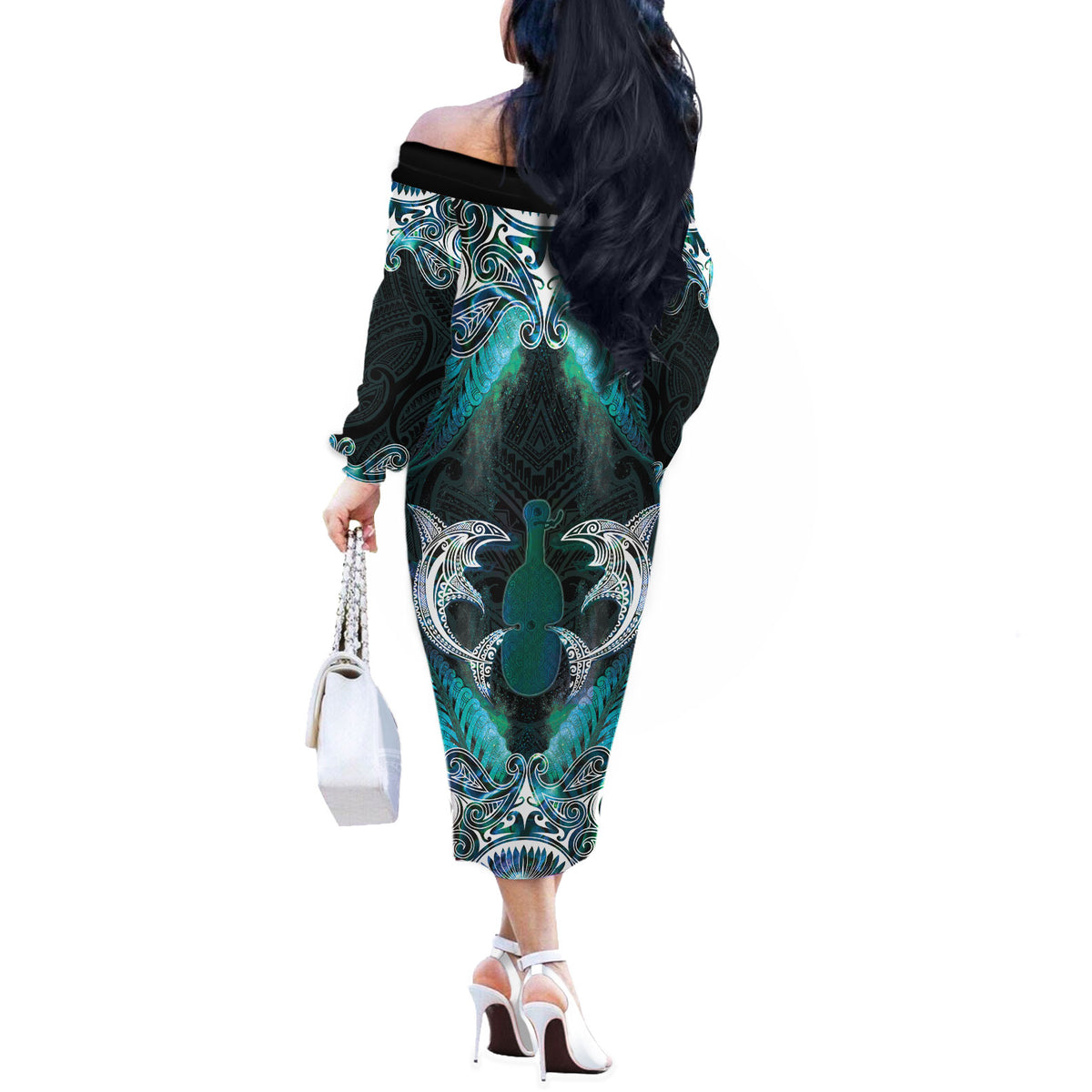 New Zealand Kotiate Weapon Off The Shoulder Long Sleeve Dress Aotearoa Mango Paua Shell Maori Pattern