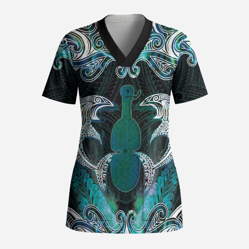 New Zealand Kotiate Weapon Scrub Top Aotearoa Mango Paua Shell Maori Pattern