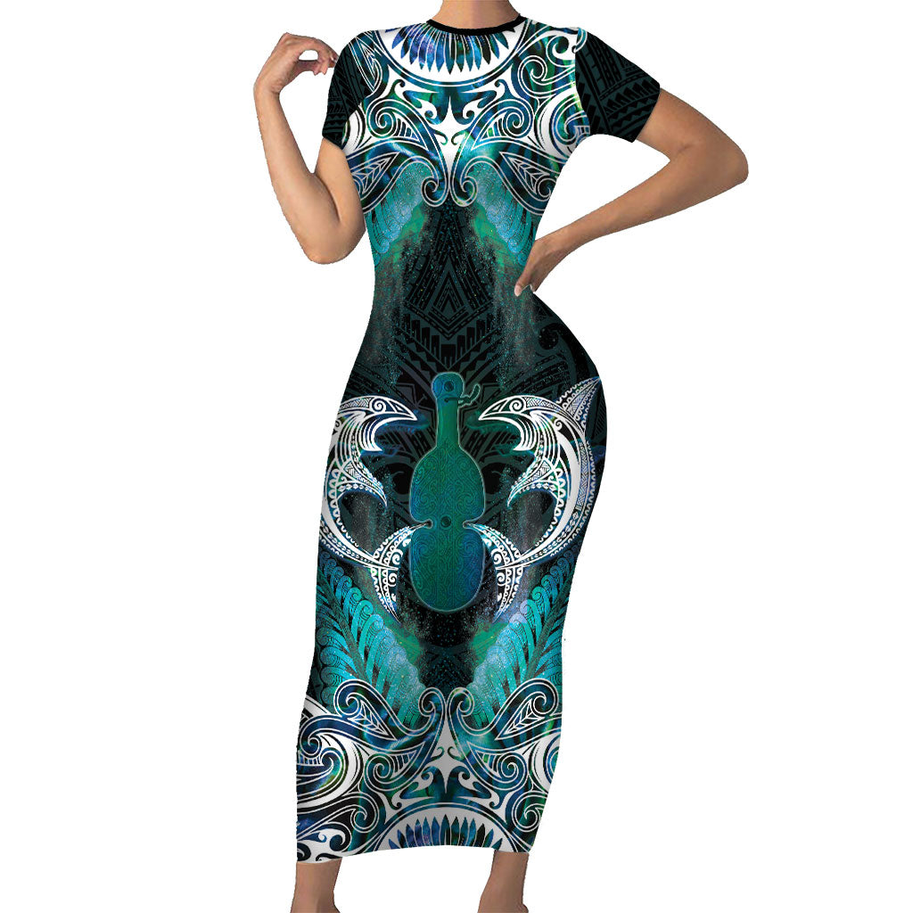 New Zealand Kotiate Weapon Short Sleeve Bodycon Dress Aotearoa Mango Paua Shell Maori Pattern