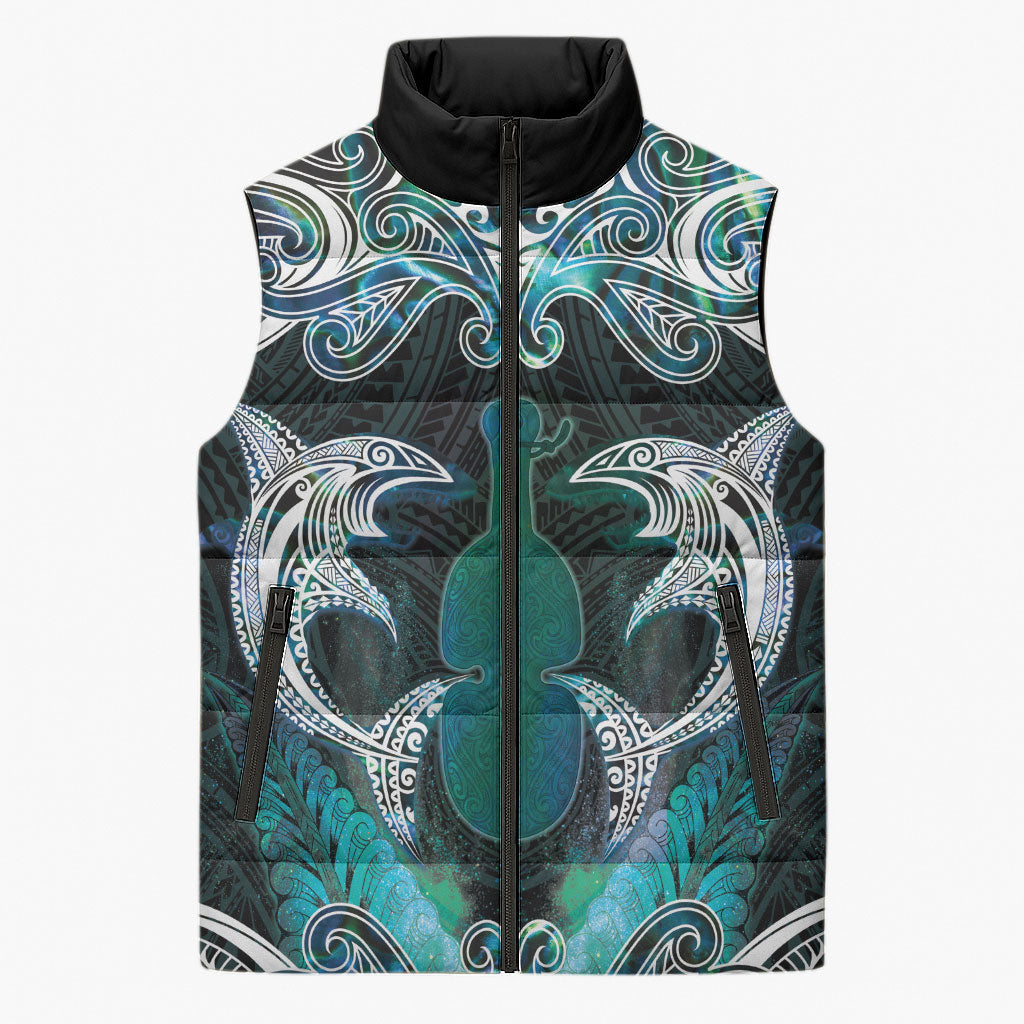New Zealand Kotiate Weapon Sleeveless Puffer Jacket Aotearoa Mango Paua Shell Maori Pattern