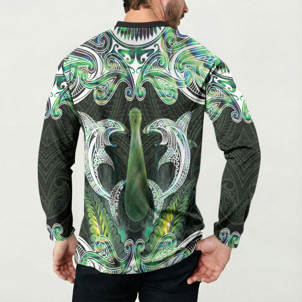 New Zealand Mere Pounamu Weapon Button Sweatshirt Aotearoa Mango Paua Shell Maori Pattern