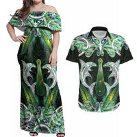 New Zealand Mere Pounamu Weapon Couples Matching Off Shoulder Maxi Dress and Hawaiian Shirt Aotearoa Mango Paua Shell Maori Pattern