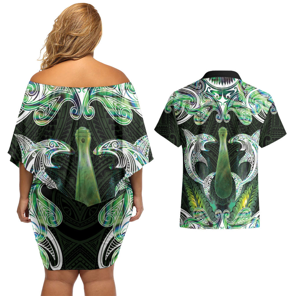New Zealand Mere Pounamu Weapon Couples Matching Off Shoulder Short Dress and Hawaiian Shirt Aotearoa Mango Paua Shell Maori Pattern