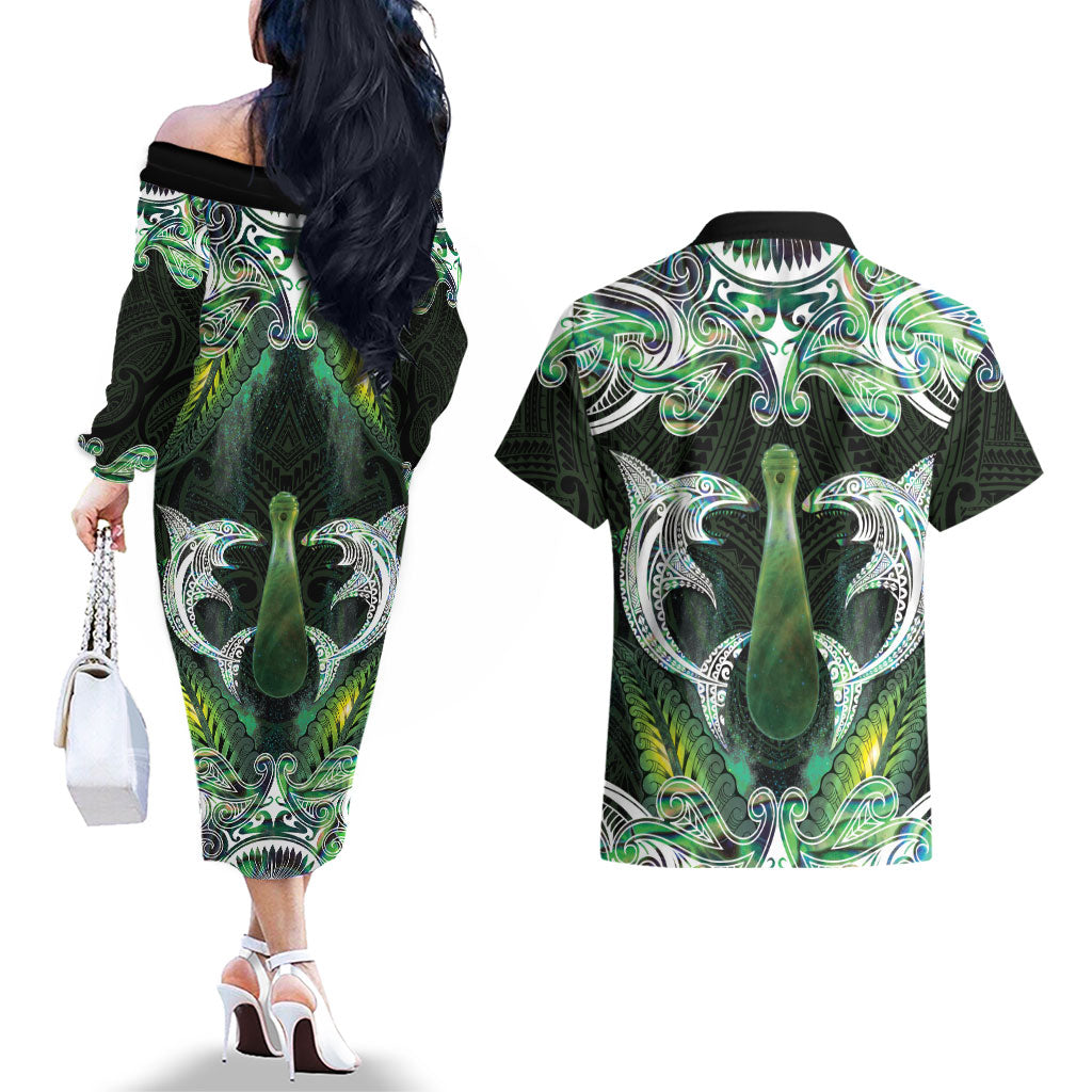 New Zealand Mere Pounamu Weapon Couples Matching Off The Shoulder Long Sleeve Dress and Hawaiian Shirt Aotearoa Mango Paua Shell Maori Pattern