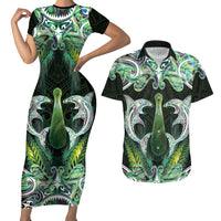 New Zealand Mere Pounamu Weapon Couples Matching Short Sleeve Bodycon Dress and Hawaiian Shirt Aotearoa Mango Paua Shell Maori Pattern