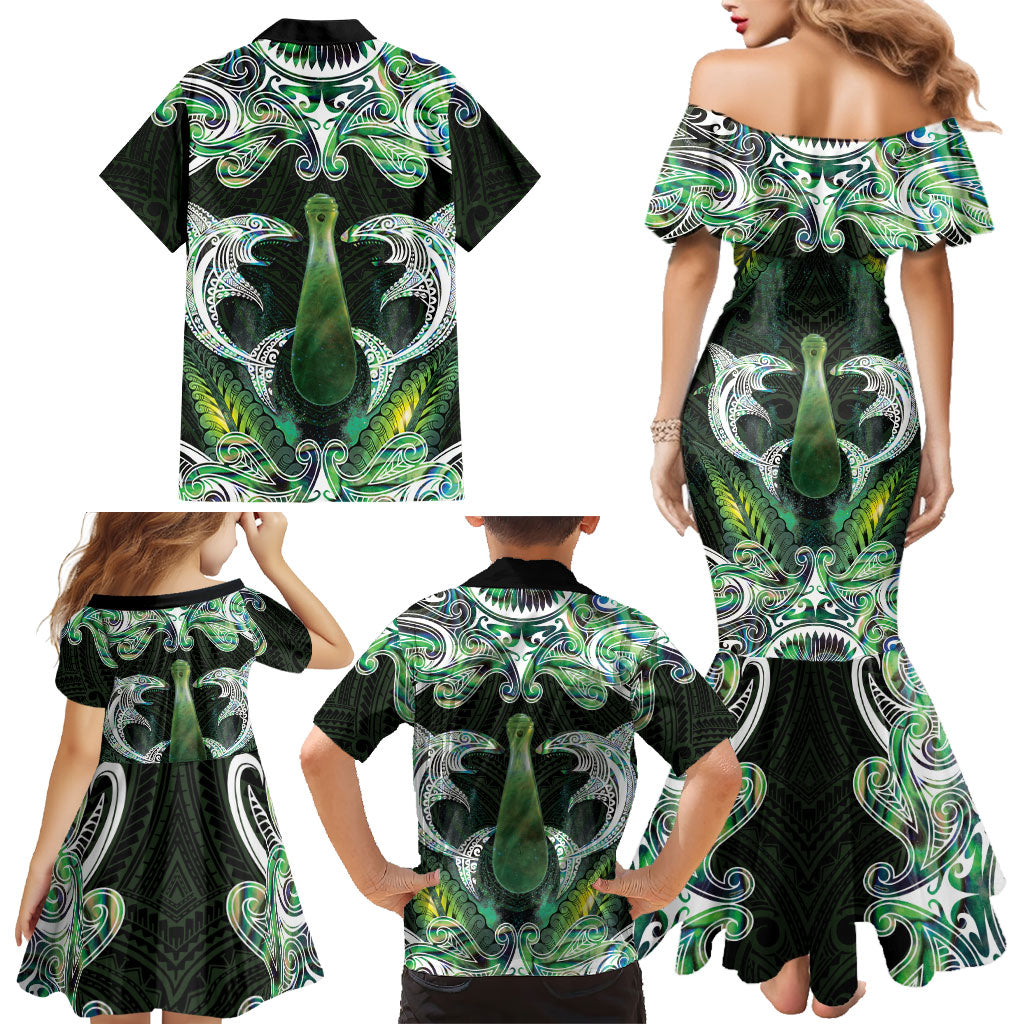 New Zealand Mere Pounamu Weapon Family Matching Mermaid Dress and Hawaiian Shirt Aotearoa Mango Paua Shell Maori Pattern