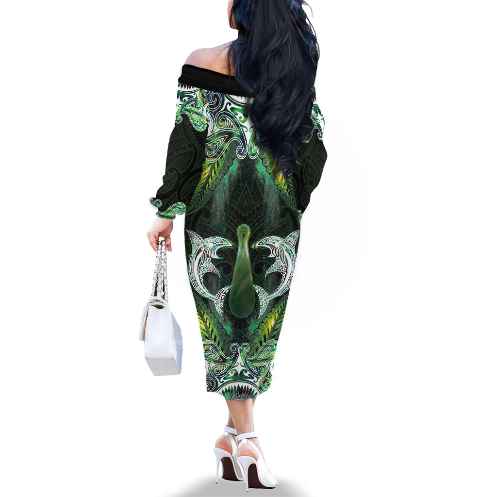 New Zealand Mere Pounamu Weapon Family Matching Off The Shoulder Long Sleeve Dress and Hawaiian Shirt Aotearoa Mango Paua Shell Maori Pattern