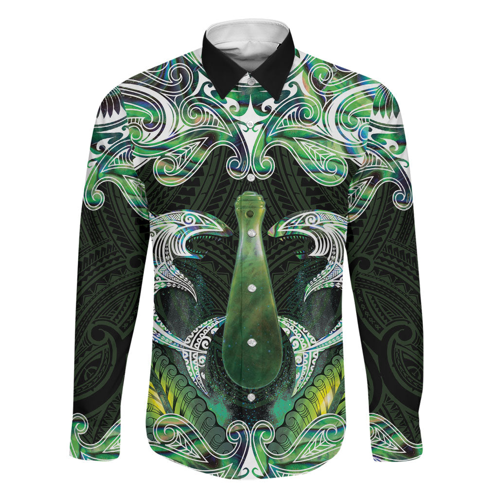 New Zealand Mere Pounamu Weapon Family Matching Off Shoulder Maxi Dress and Hawaiian Shirt Aotearoa Mango Paua Shell Maori Pattern