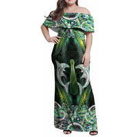 New Zealand Mere Pounamu Weapon Family Matching Off Shoulder Maxi Dress and Hawaiian Shirt Aotearoa Mango Paua Shell Maori Pattern