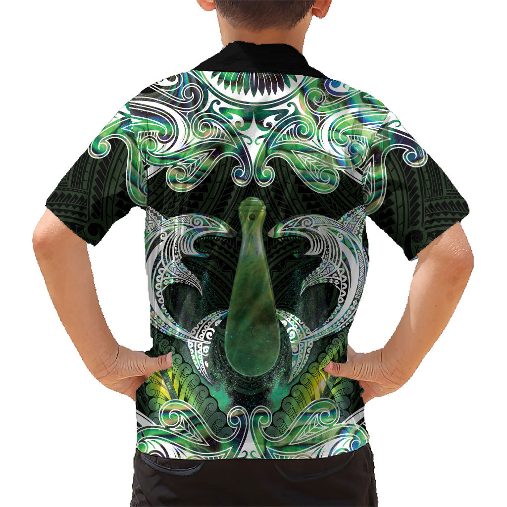 New Zealand Mere Pounamu Weapon Family Matching Off Shoulder Short Dress and Hawaiian Shirt Aotearoa Mango Paua Shell Maori Pattern