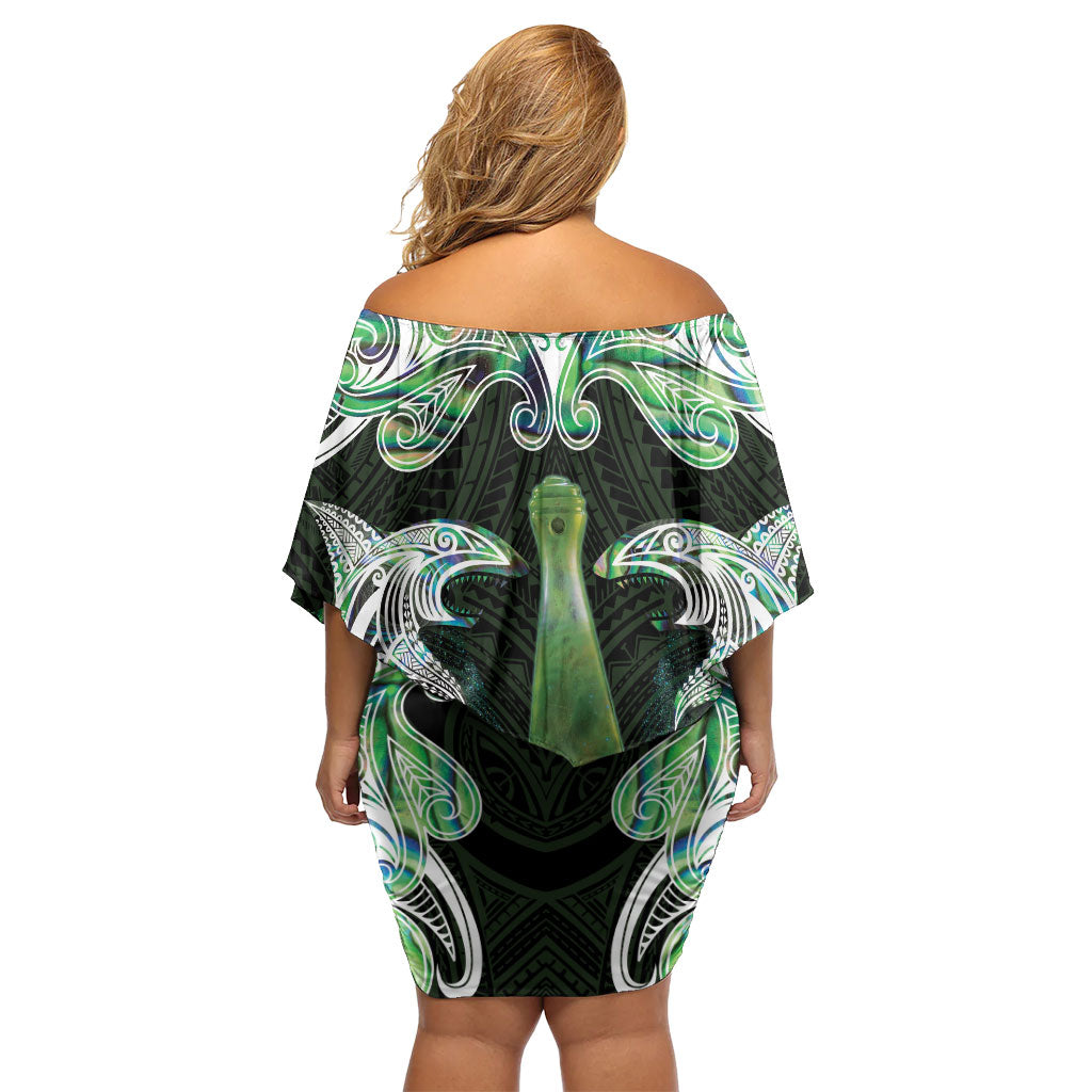 New Zealand Mere Pounamu Weapon Family Matching Off Shoulder Short Dress and Hawaiian Shirt Aotearoa Mango Paua Shell Maori Pattern