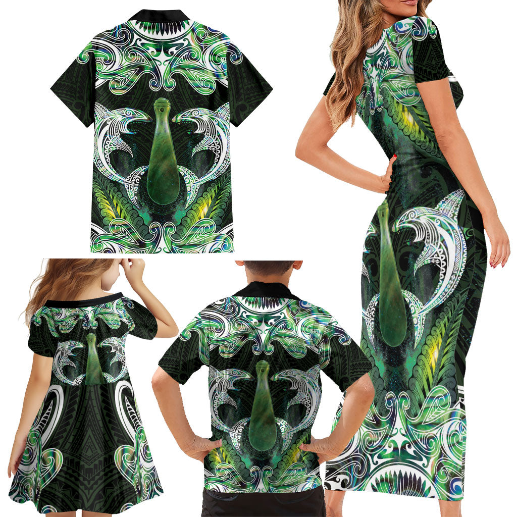 New Zealand Mere Pounamu Weapon Family Matching Short Sleeve Bodycon Dress and Hawaiian Shirt Aotearoa Mango Paua Shell Maori Pattern